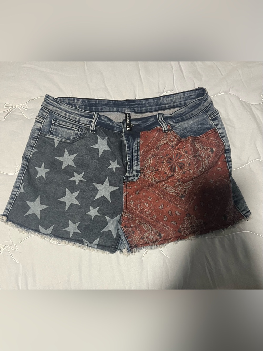Crazy Train Star & Bandana Patchwork Denim Shorts - Blue and Rust